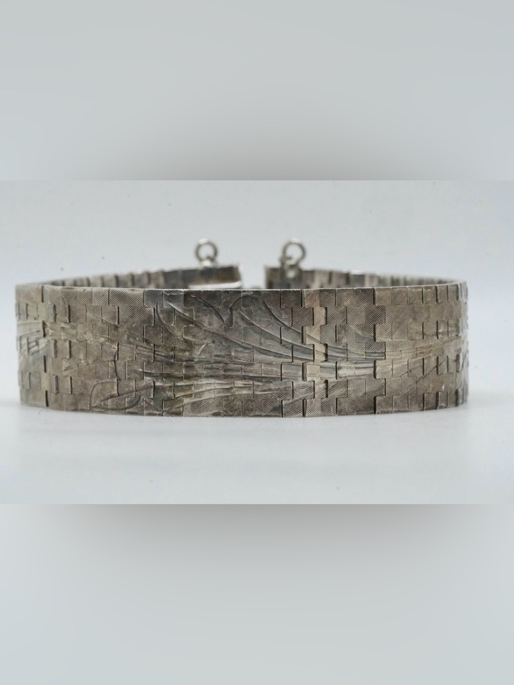 Vintage Mid-Century Mexican .965 Silver Etched Bracelet, Signed FAE